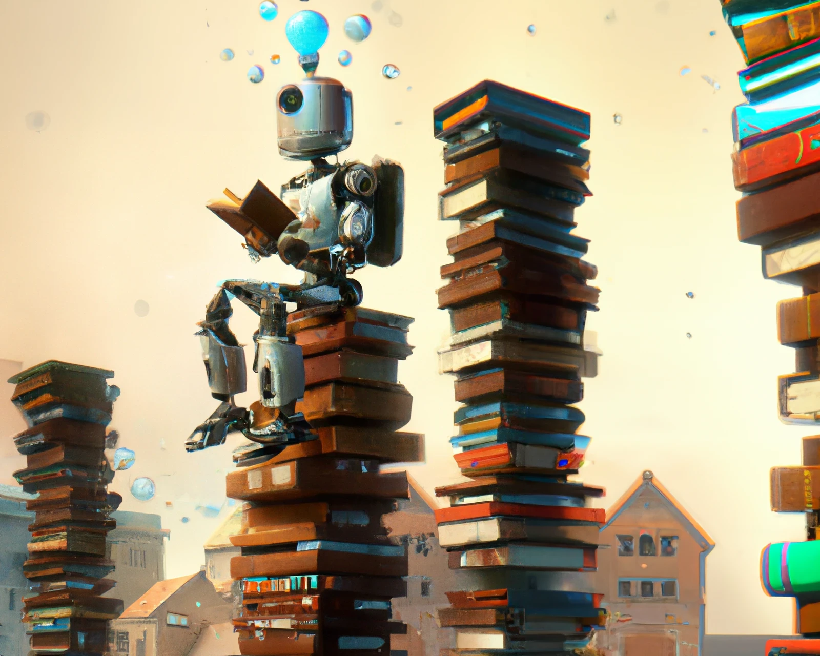 Arte digital robot encima de una torre de libros.