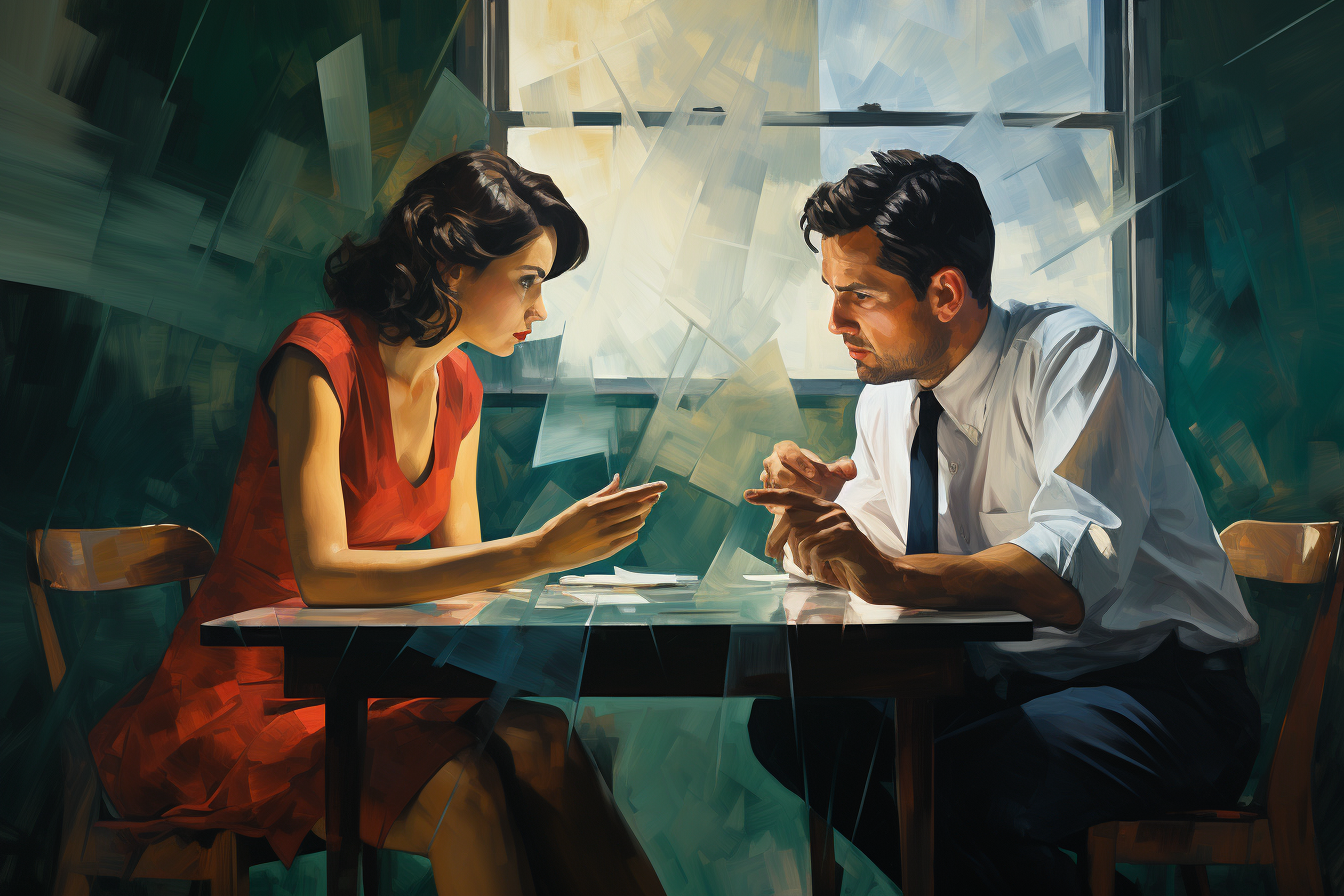 Arte digital imitando una persona al óleo de 2 personas teniendo una conversación en una oficina.