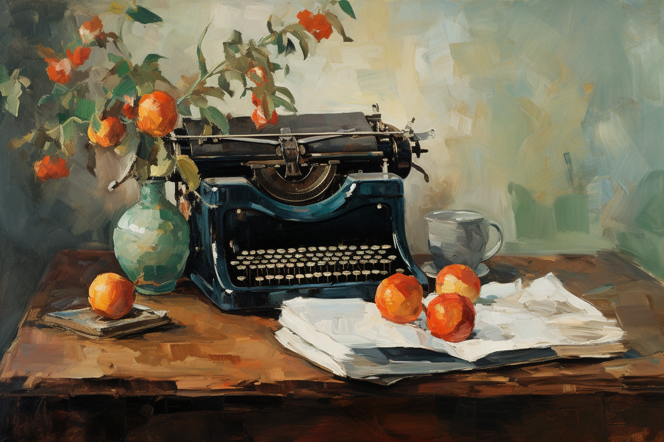 Arte digital imitando el estilo de Paul Cézanne, una naturaleza muerta de una máquina de escribir.