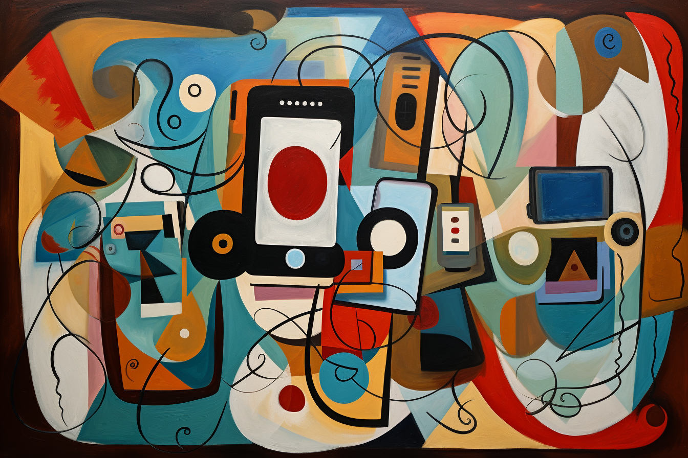 Una imagen en el estilo de Pablo Picasso, mostrando dispositivos móviles