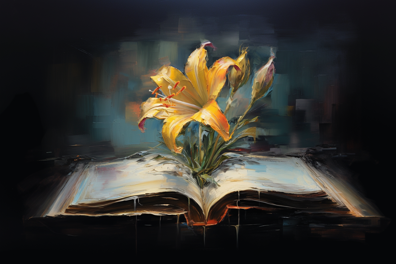 Arte digital imitando una pintura al óleo de una bella flor amarilla brotando de un libro.