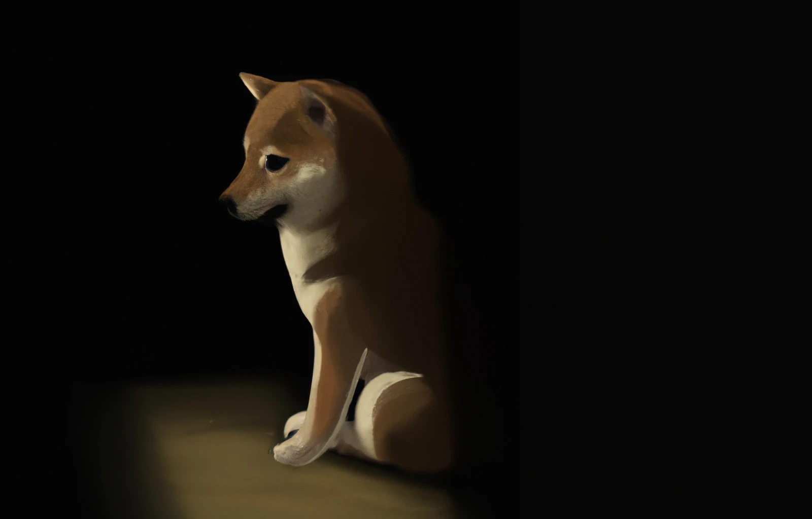 Arte digital perrito de raza Shiba Inu muy solo en una habitación oscura.